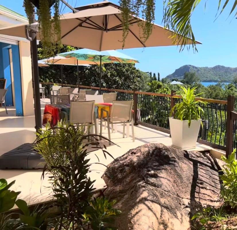 Terrace with umbrellas overlooking the bay